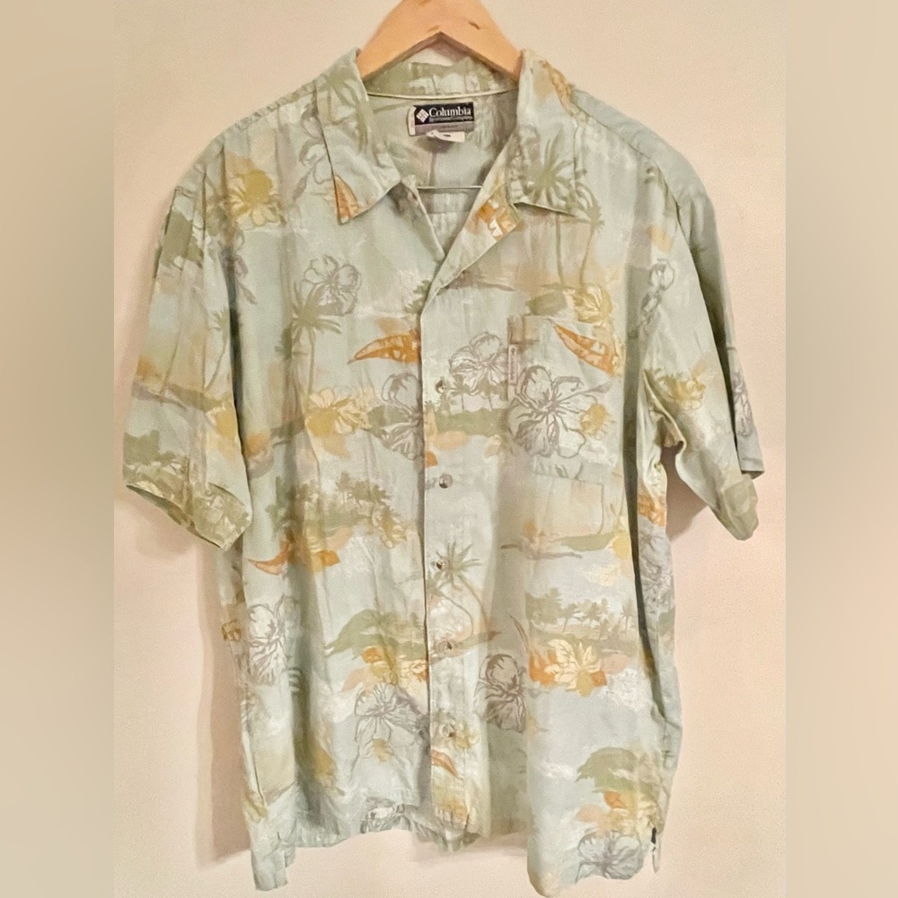 Columbia Men’s XL Casual Hawaii Style Button Down Shirt Ocean, Palm Trees Leaves